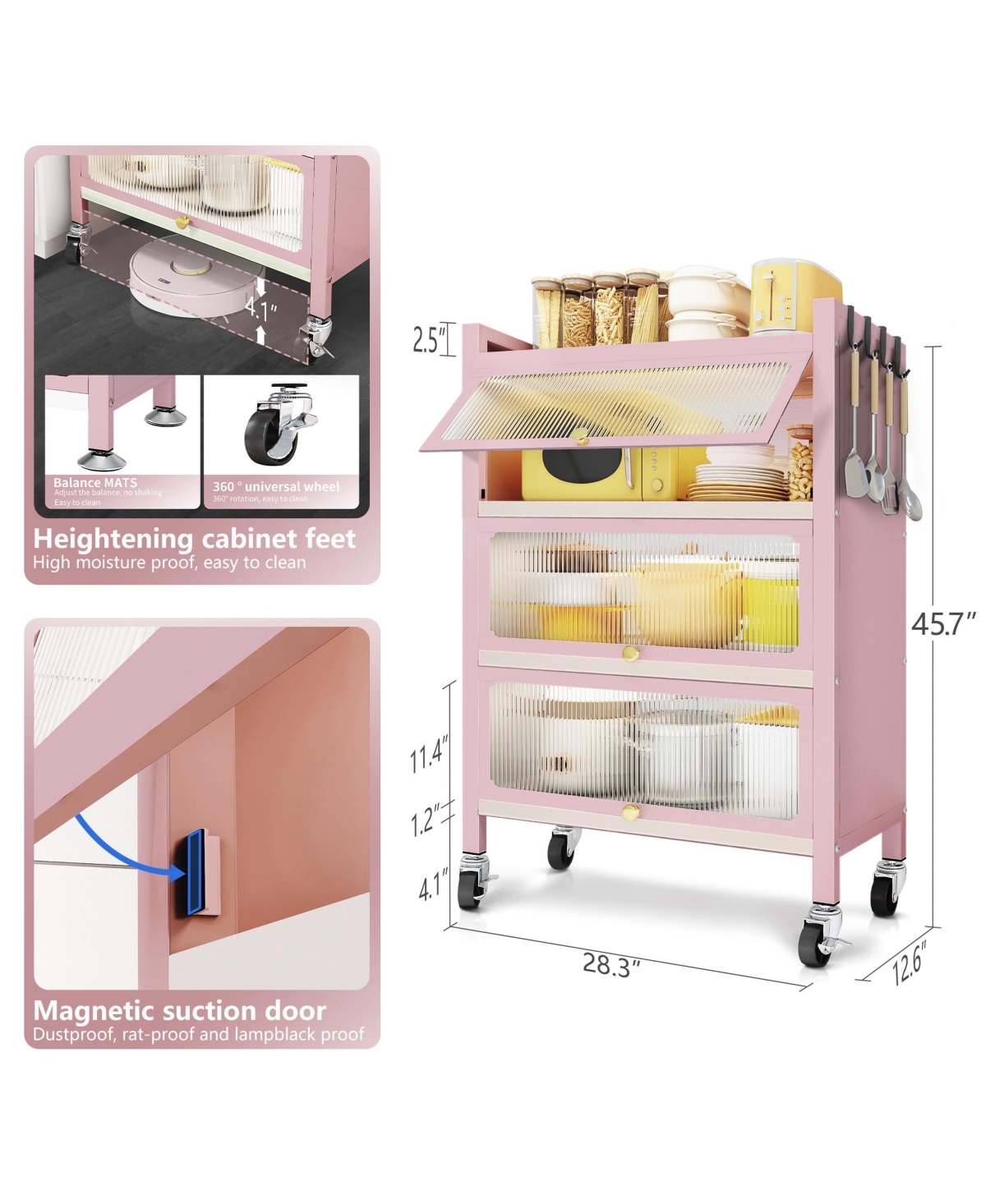 Mega Casa 45.7'' Tall 3 Door Accent Cabinet, 4 Tier Kitchen Organizer Shelf,- Pink
