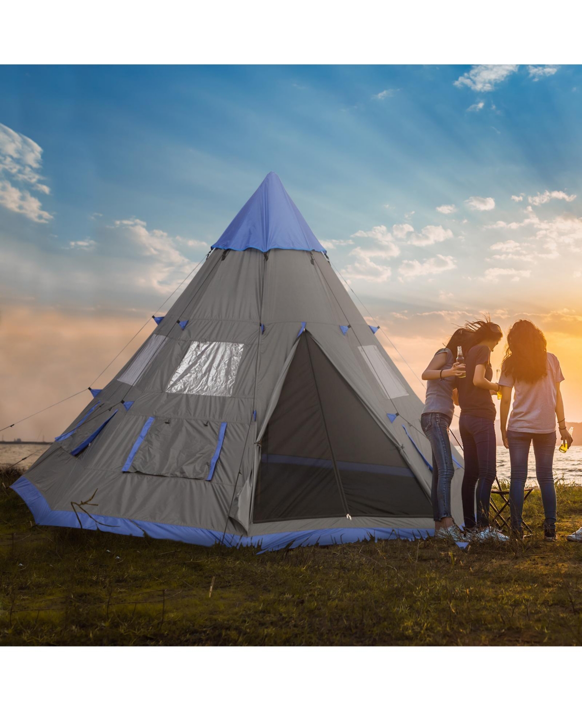 6-7 Person Large Family Party Camping Tent W/ Carrying Bag, Mesh Window - Blue