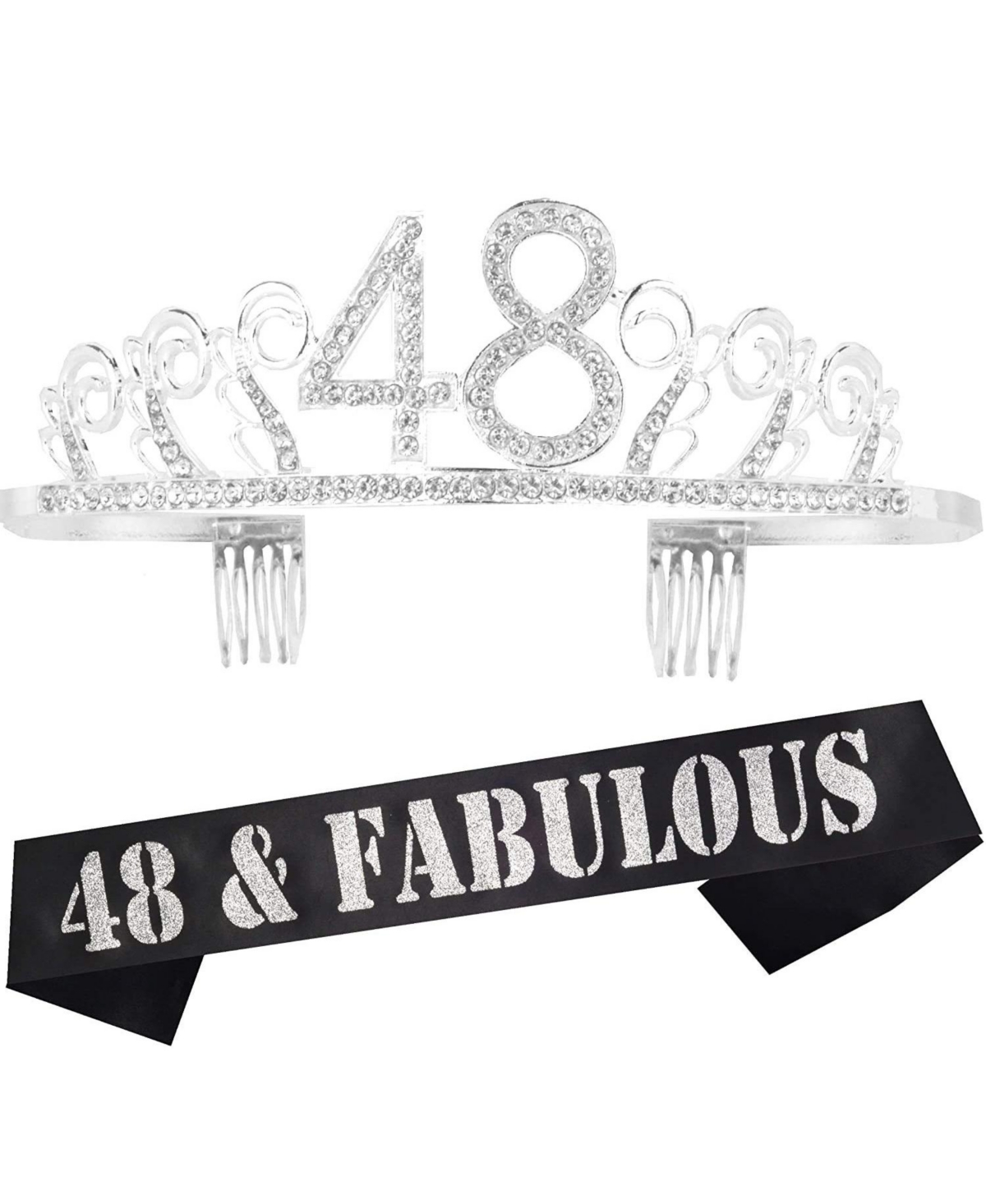(2 pack) 48th birthday sash and tiara for women - fabulous glitter sash + waves rhinestone silver premium metal tiara for her, 48th birthday gifts for 48 party