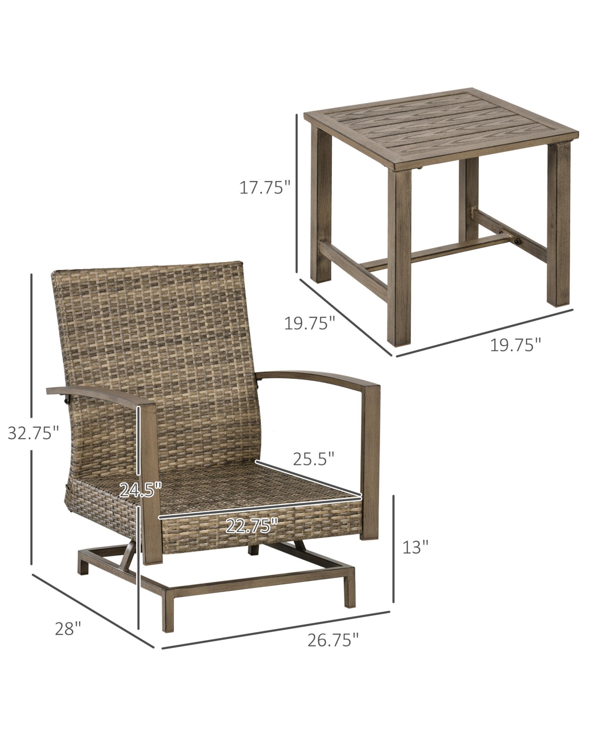 Outsunny 3-Piece Patio Bistro Set, Pe Rattan Wicker Outdoor Furniture with Soft Cushions, 2 Armchairs, Slatted Coffee Table for Porch, Backyard, Garde