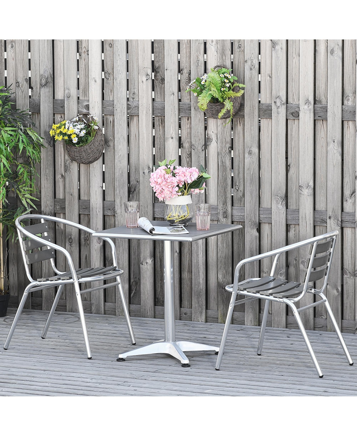 Outsunny Aluminum Patio Bistro Set, Slatted Table & Chairs,