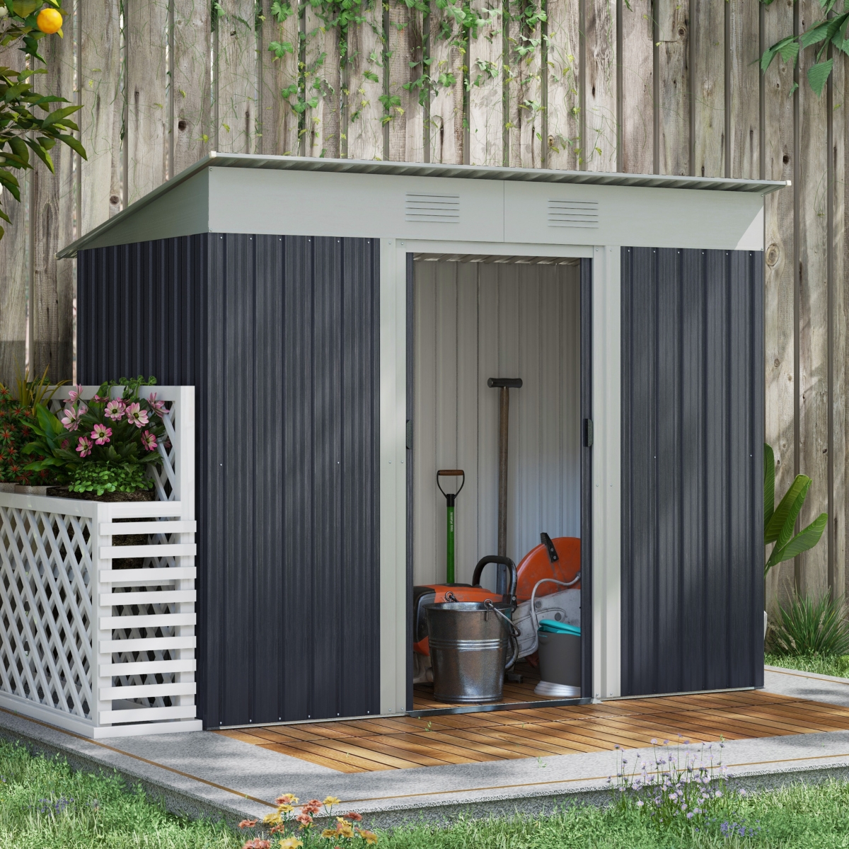 Outsunny 7' x 4' Steel Frame Backyard Garden Tool Storage Shed with 2 Air Vents and Dual Locking Doors,- Black