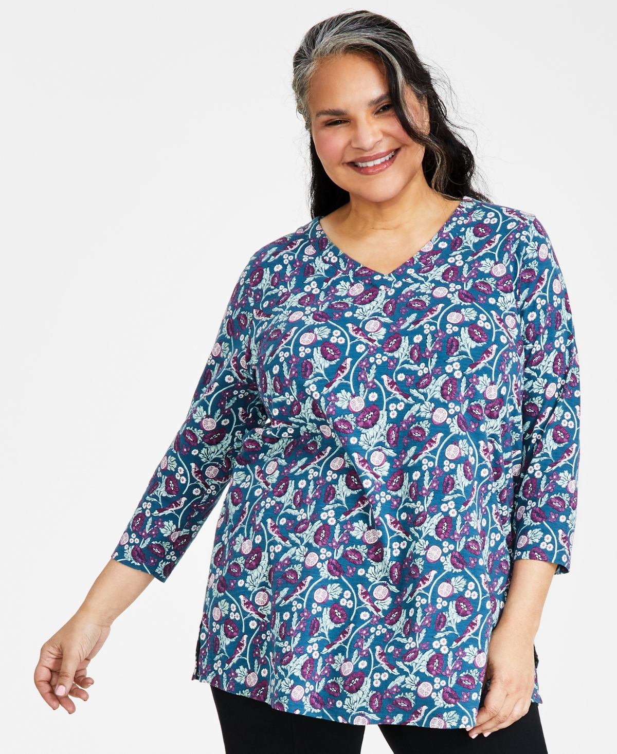 Style & Co Plus Size Printed V-neck Knit Tunic Top, Created For Macy's In Meadow Cap Blue