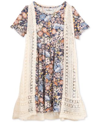 Rare Editions - Big Girls Floral Dress & Crochet Vest
