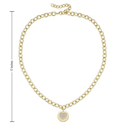 14k Gold Plated with Cubic Zirconia Heart Medallion Pendant Curb chain Adjustable Necklace