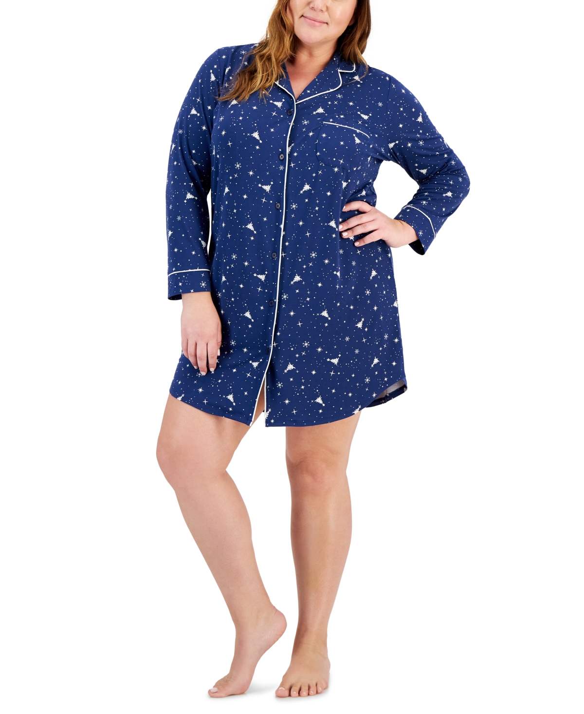 Charter Club Plus Size Printed Notched-collar Sleepshirt, Created For Macy's In Night Tree