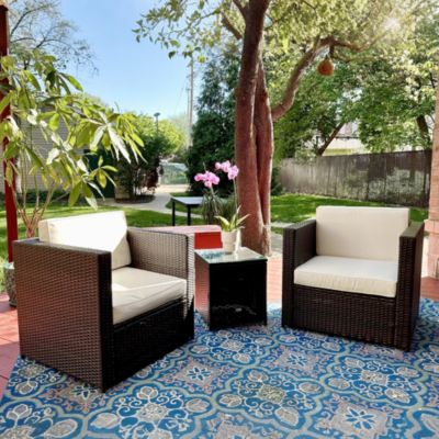 Wicker Bistro Patio Set, 2 Porch Chairs & Glass Table,