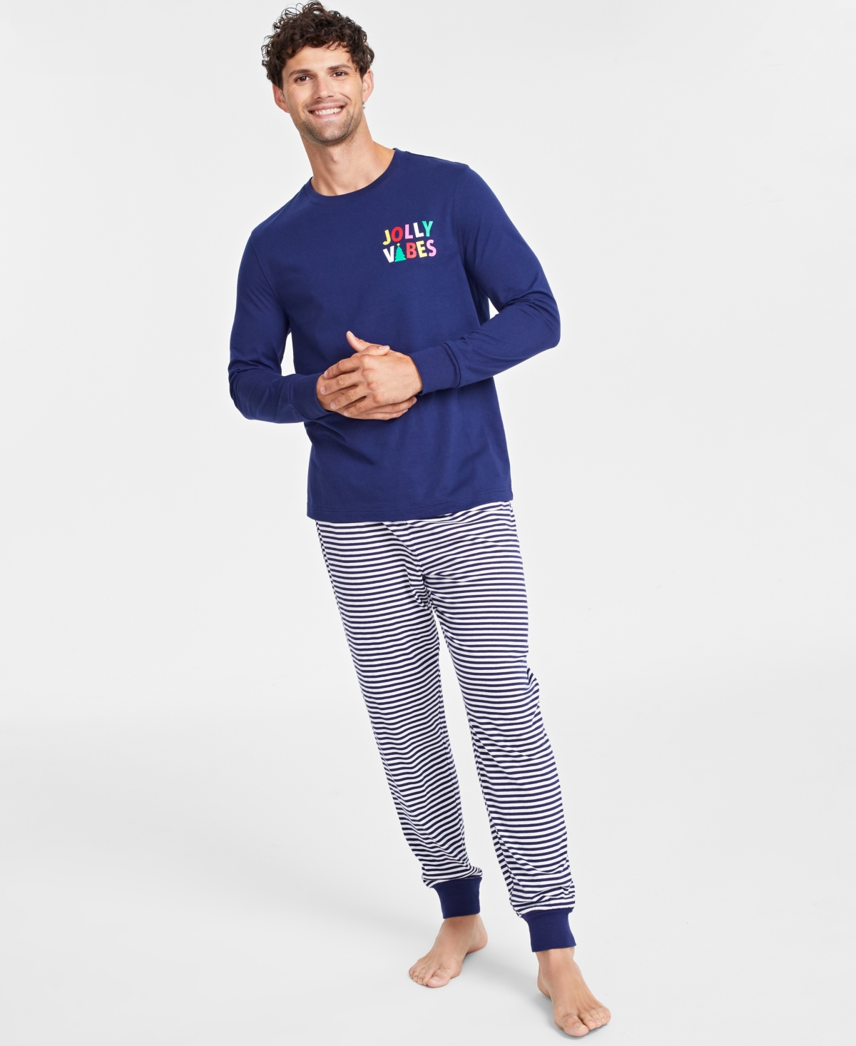Matching Family Pajamas Men's Mix It Jolly Vibes Striped Pajamas Set, Created for Macy's - Navy Stripe