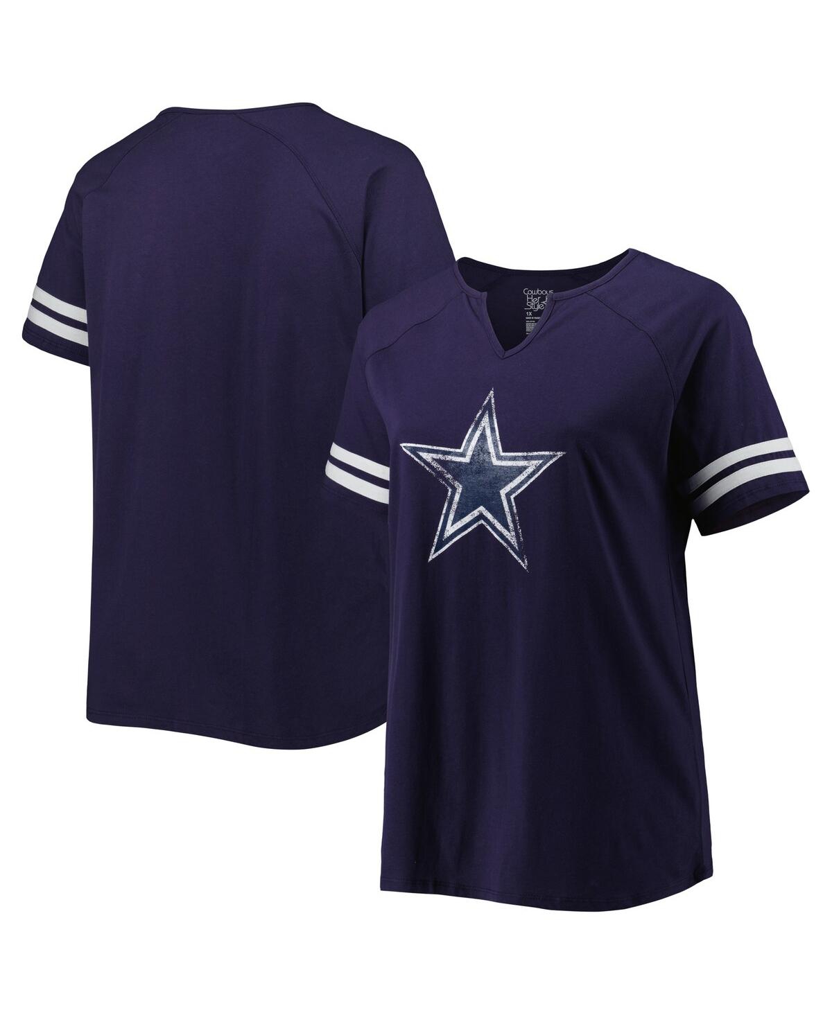 Fanatics Women's  Navy Dallas Cowboys Plus Size Logo Striped Raglan Notch Neck T-shirt