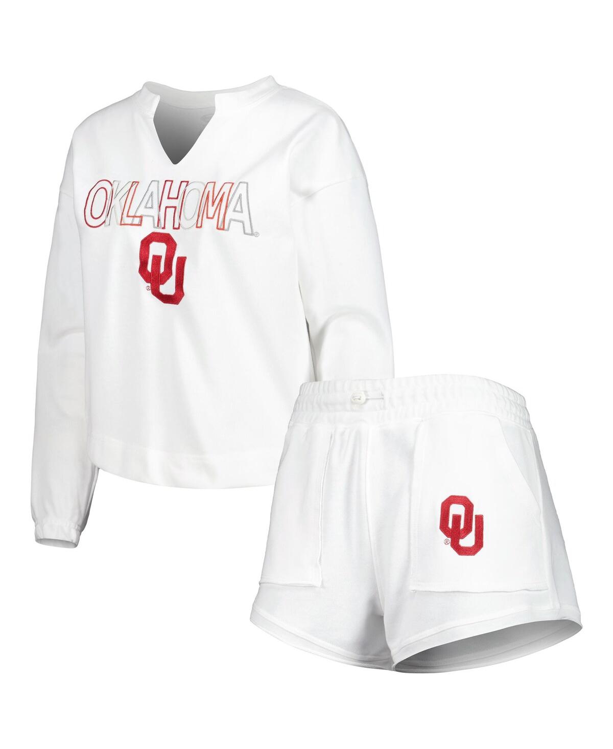Concepts Sport Women's  White Oklahoma Sooners Sunray Notch Neck Long Sleeve T-shirt And Shorts Set In White
