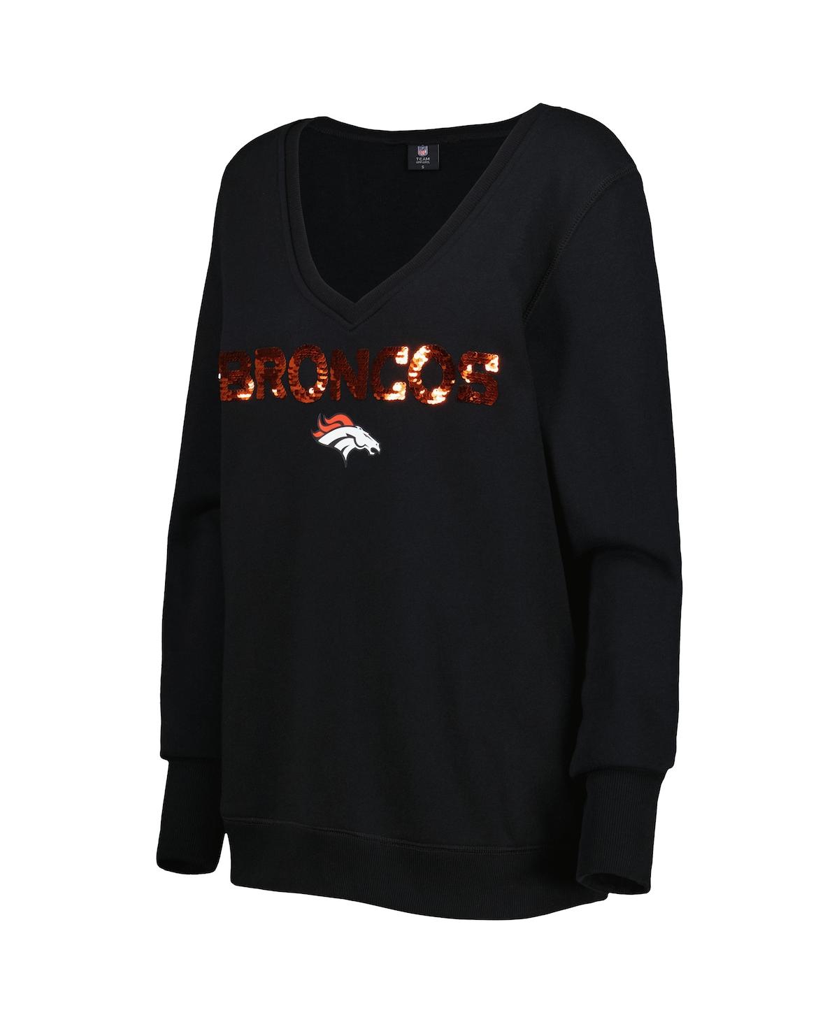 Shop Cuce Women's  Black Denver Broncos Sequin Logo V-neck Pullover Sweatshirt