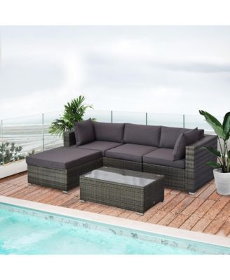 5 Piece Patio Wicker Furniture Set, Outdoor Sectional Sofa Set Rattan Conversation Sets with Tempered Glass Tabletop Coffee Table and Ottoman for Garden, Balcony, Backyard, Grey/Charcoal