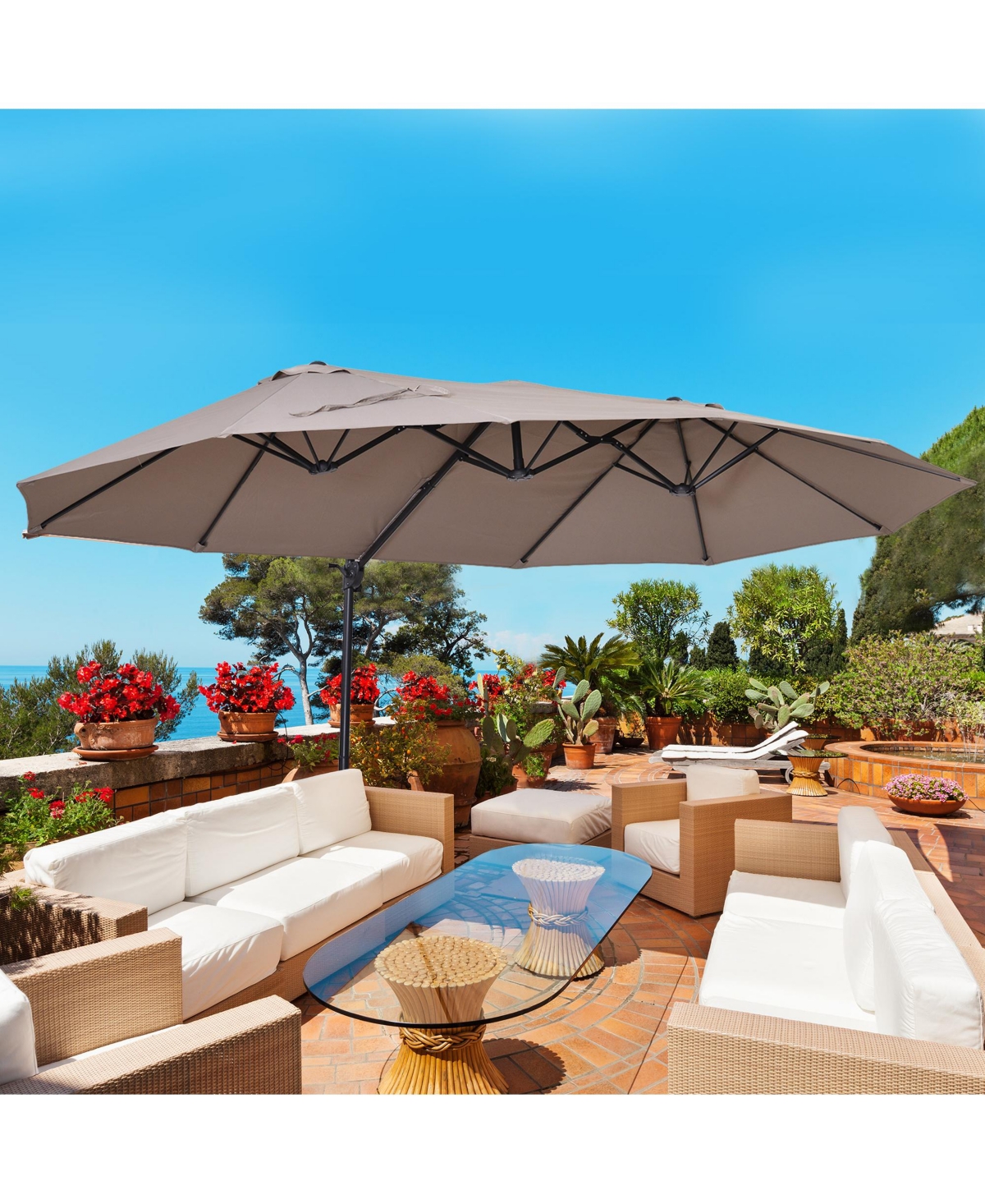 14.4' Patio Umbrella Double-Sided Outdoor Market Extra Large Umbrella with Crank, Cross Base for Deck, Lawn, Backyard and Pool, Brown - Brown