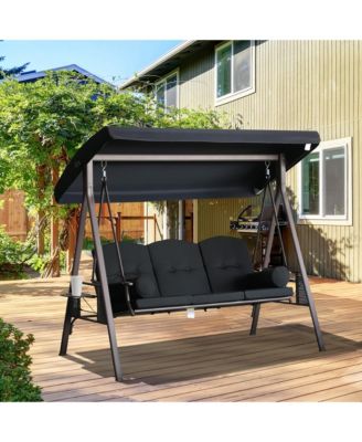 Outdoor Patio 3-Person Steel Canopy Cushioned Seat Bench Swing with Included Side Trays & Padded Comfort, Black