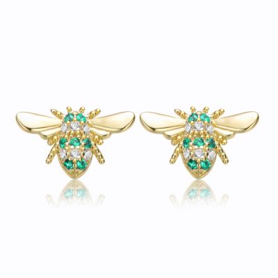 Sterling Silver Mini 7MM 14k Yellow Gold Plated with Cubic Zirconia Pave Wasp Stud Earrings