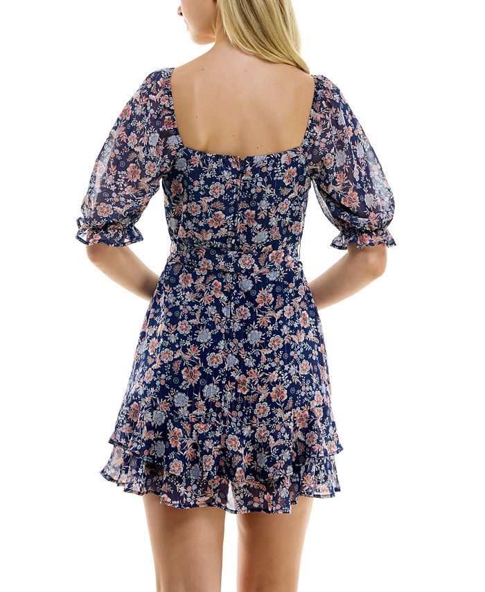 Floral Puff Long Sleeve Ruffle Hem Mini Dress main image 1