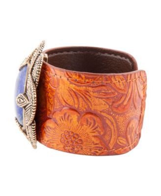 Out West Genuine Blue Lapis Round Stone Leather Cuff Bracelet