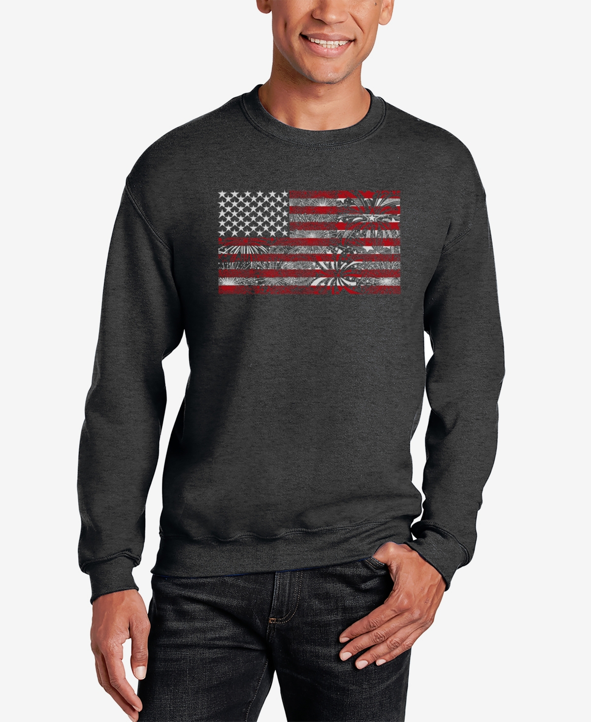 Shop La Pop Art Men's Word Art Crewneck American Flag Fireworks Sweatshirt In Dark Gray