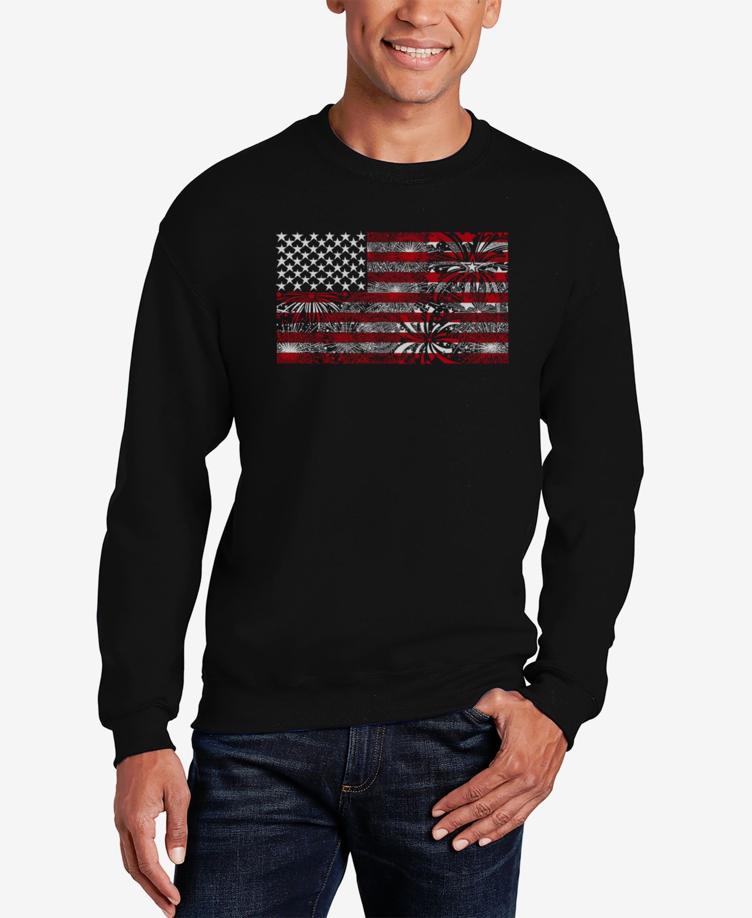 Men's Word Art Crewneck American Flag Fireworks Sweatshirt