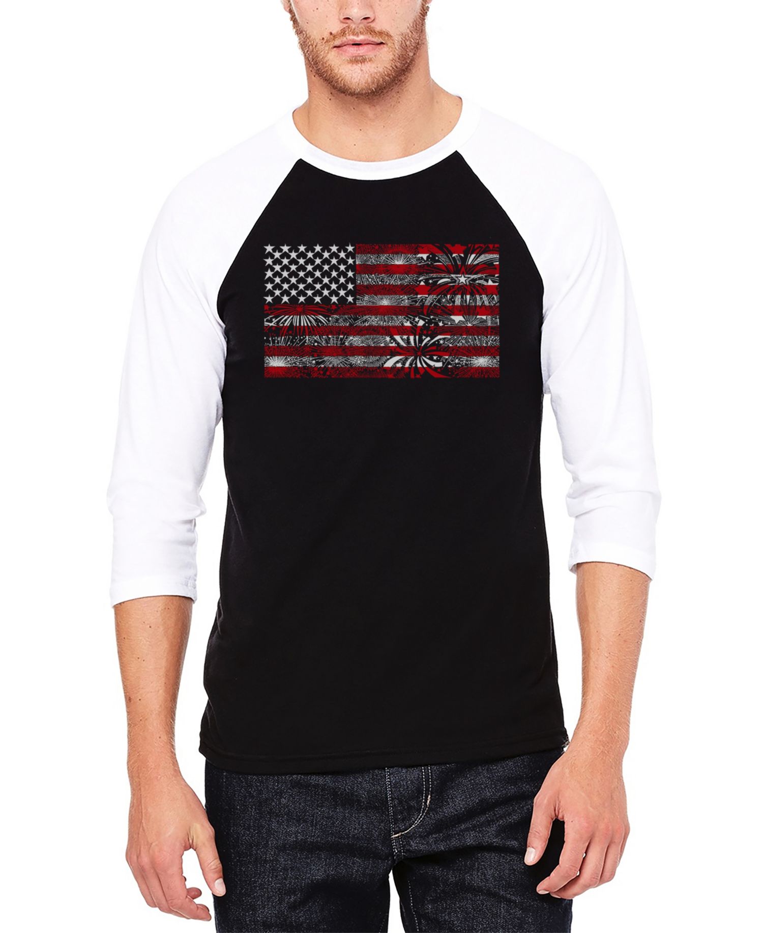 Men's Raglan Baseball Word Art Fireworks American Flag T-shirt