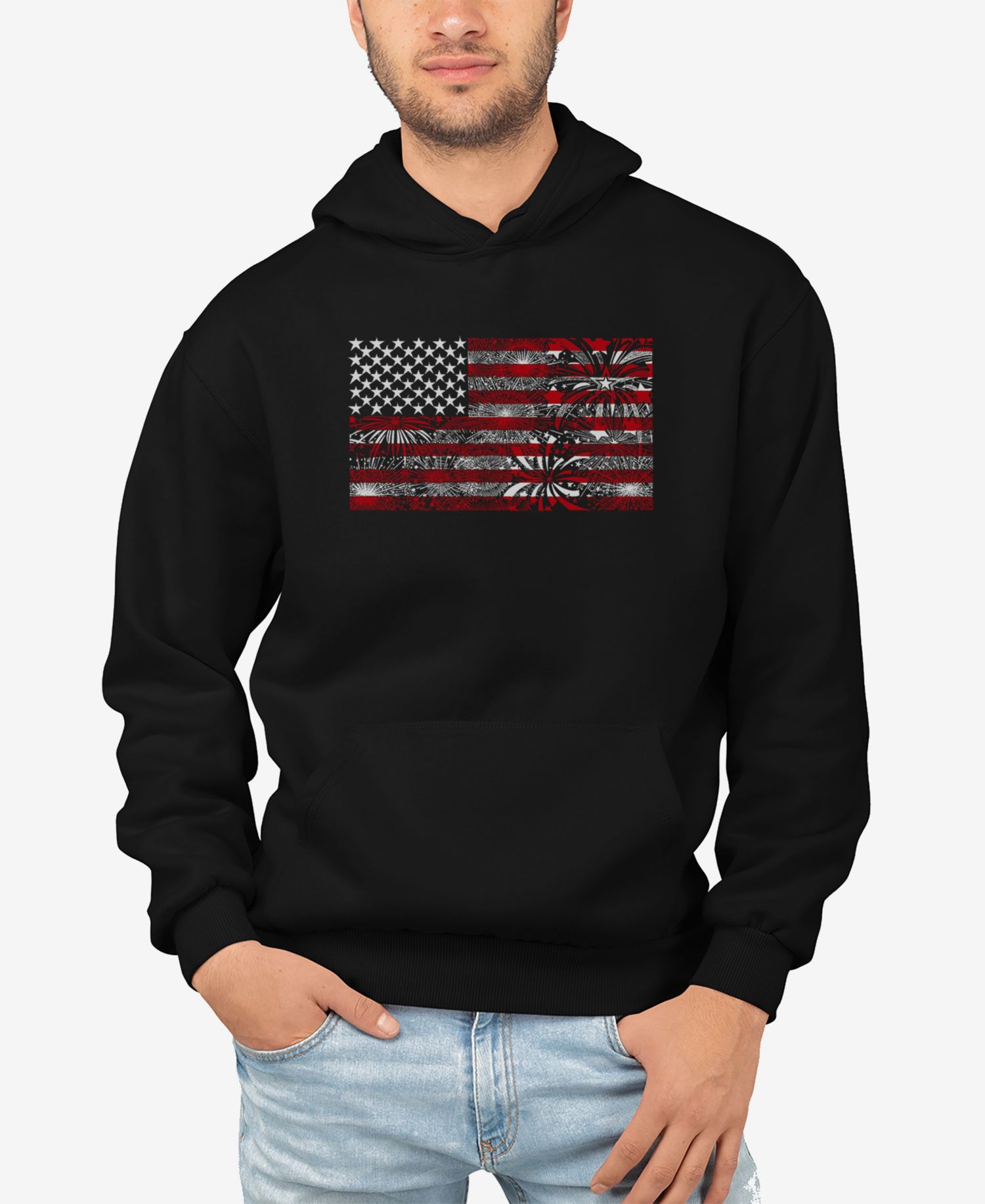 Men's Word Art Hooded American Flag Fireworks Sweatshirt