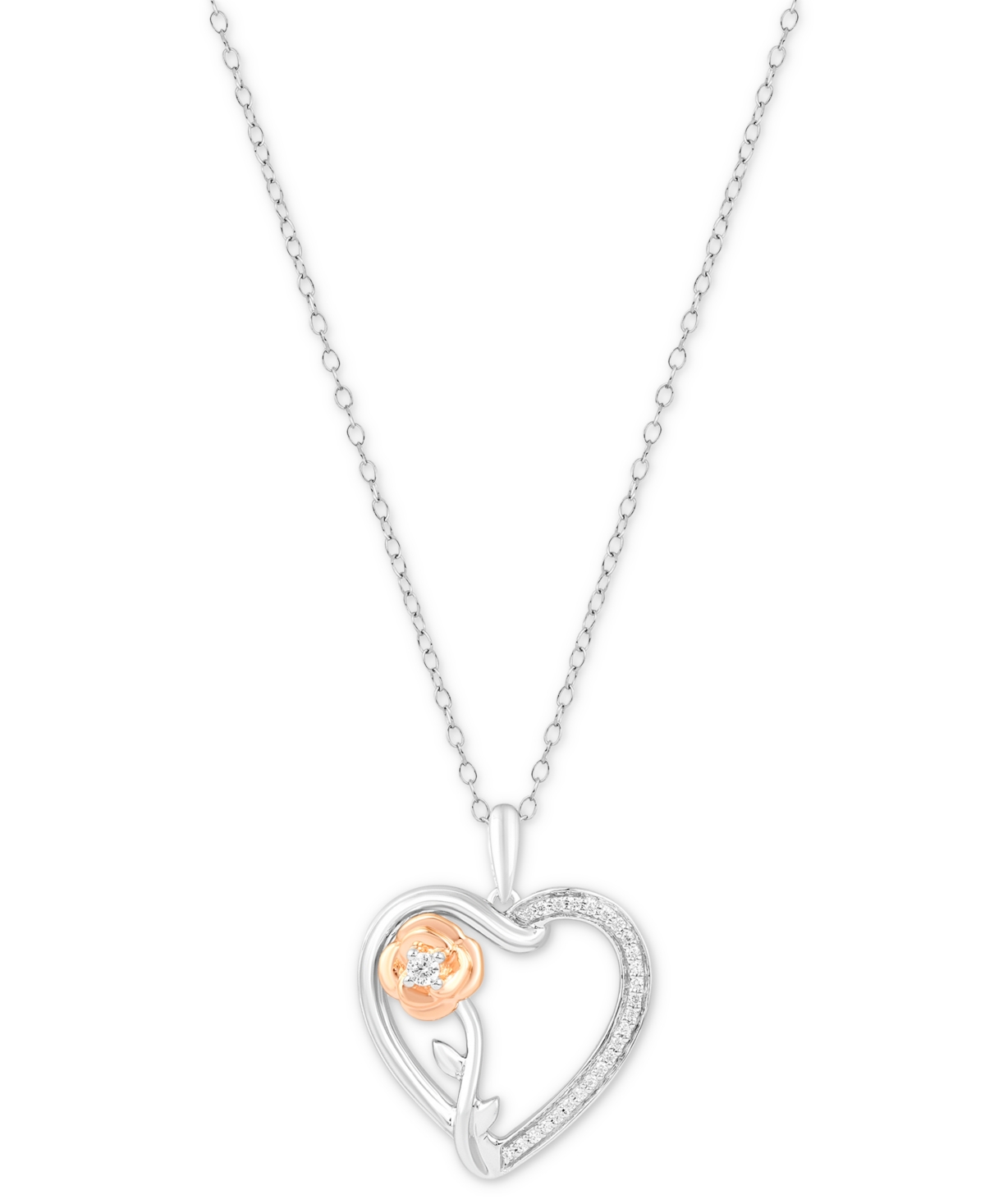 Diamond Belle Rose & Heart Pendant Necklace (1/10 ct. t.w.) in Sterling Silver & 14k Rose Gold-Plate - Two-Tone