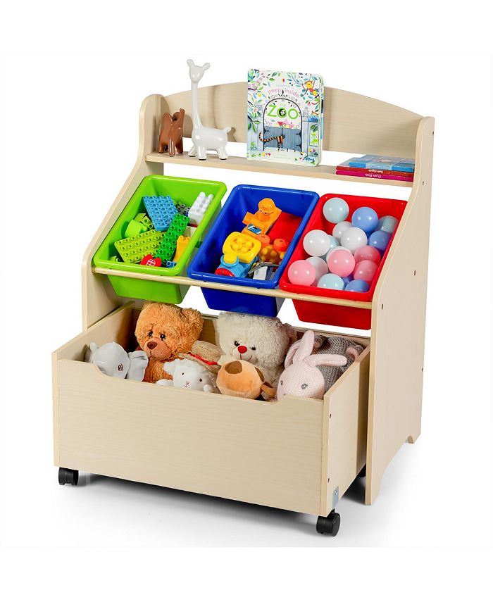 Costway Kids Wooden Toy Storage Unit Organizer w/Rolling Toy Box