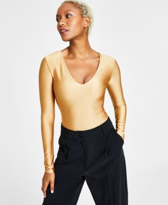 Bar III - Women's Shine V-Neck Long-Sleeve Bodysuit