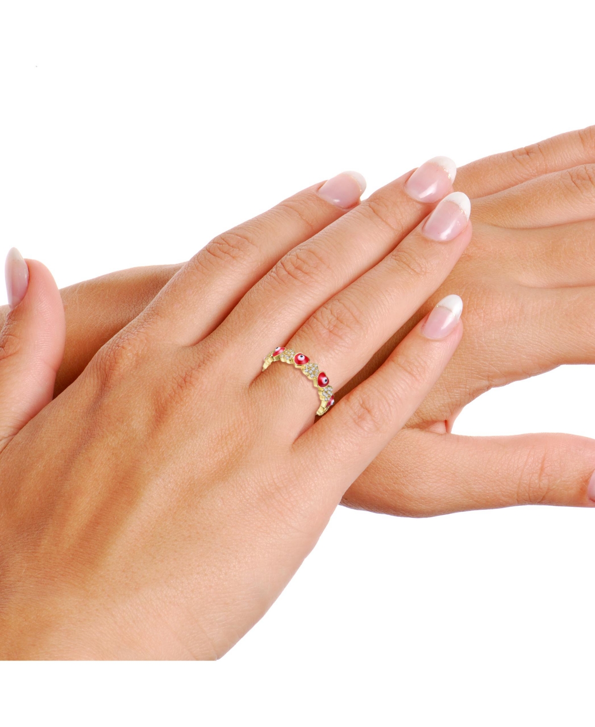 Rachel Glauber Ra Young Adults/Teens 14k Yellow Gold Plated with Cubic Zirconia Colorful Enamel Evil Eye Repeating Hearts Stacking Ring
