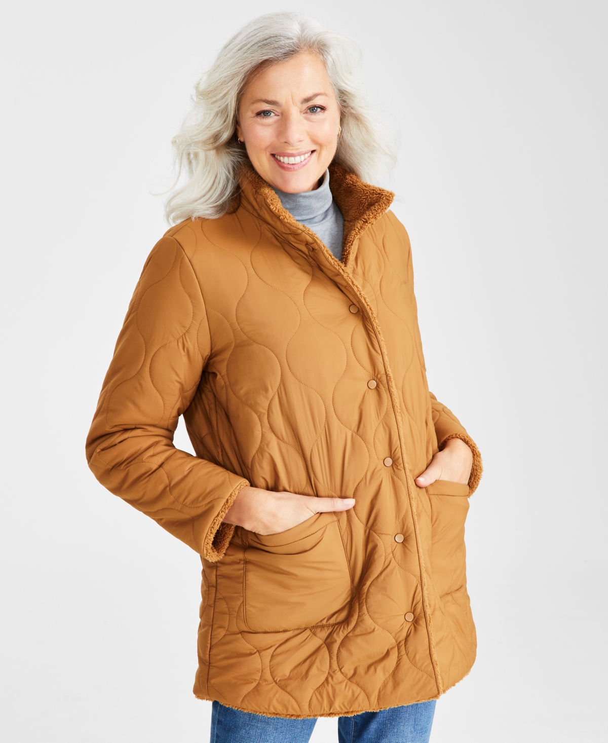 STYLE & CO WOMEN'S REVERSIBLE LONG-SLEEVES SHERPA JACKET, CREATED FOR MACY'S