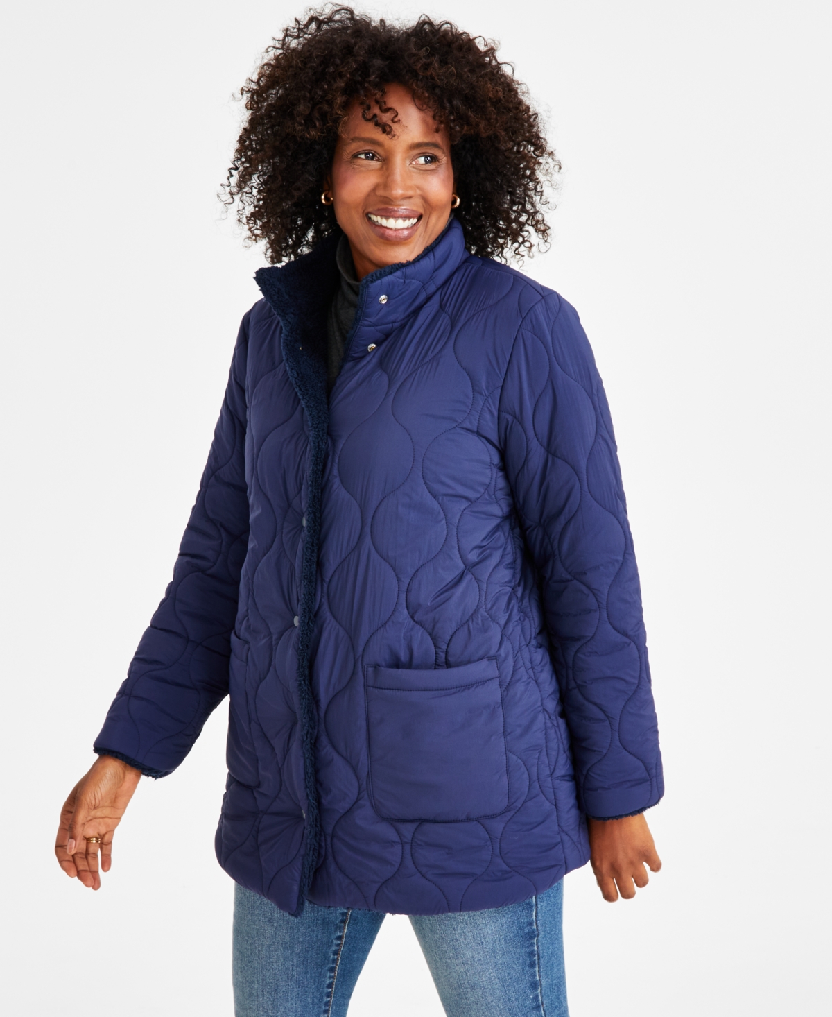 Style & Co Women's Reversible Long-sleeves Sherpa Jacket, Created For Macy's In Industrial Blue