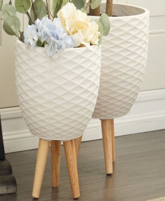 White Ceramic Indoor Outdoor Planter with Wood Legs Set of 2