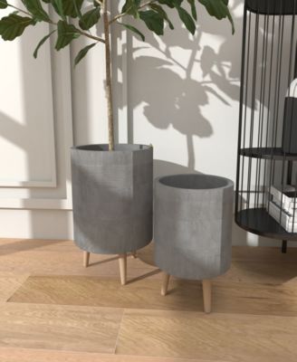 Gray Ceramic Indoor Outdoor Planter with Wood Legs Set of 2 