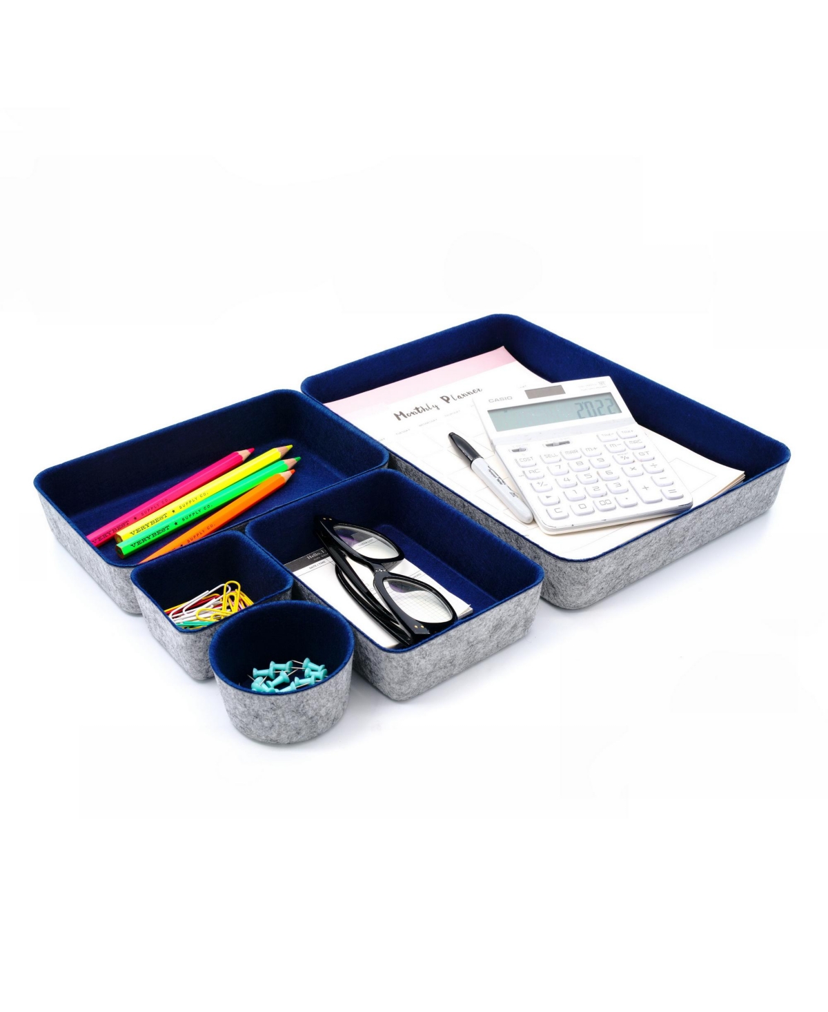 Shop Welaxy Felt 5 Piece Desk And Drawer Organizer Bin Set In Navy