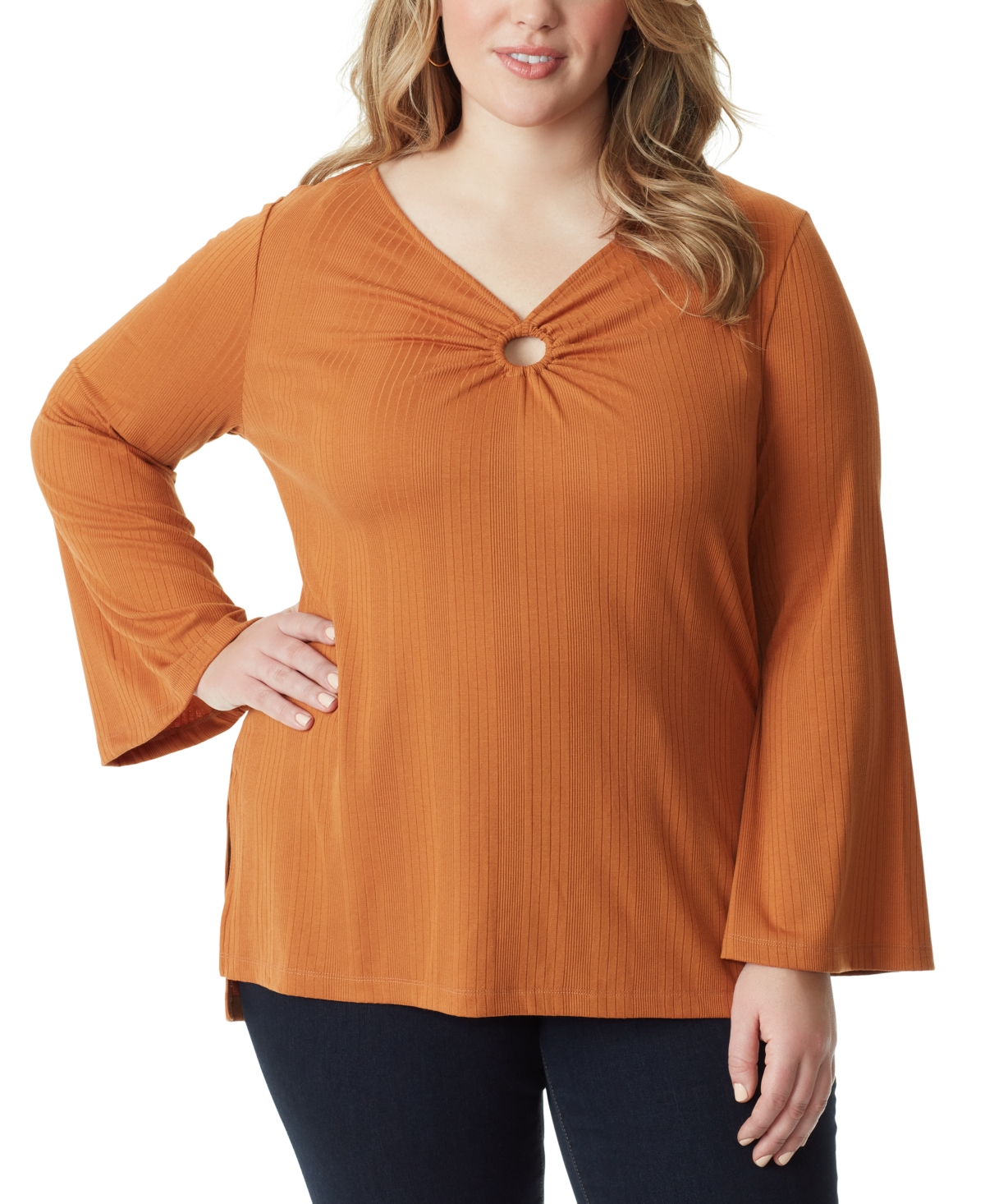 Shop Jessica Simpson Plus Size Jasleen Keyhole Bell-sleeve Ribbed Tunic Top In Glazed Ginger