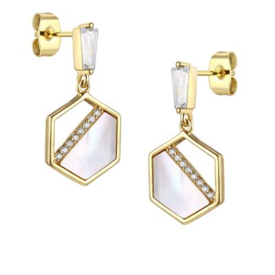 14k Gold Plated Sterling Silver with Mother of Pearl & Cubic Zirconia Hexagon Dangle Earrings