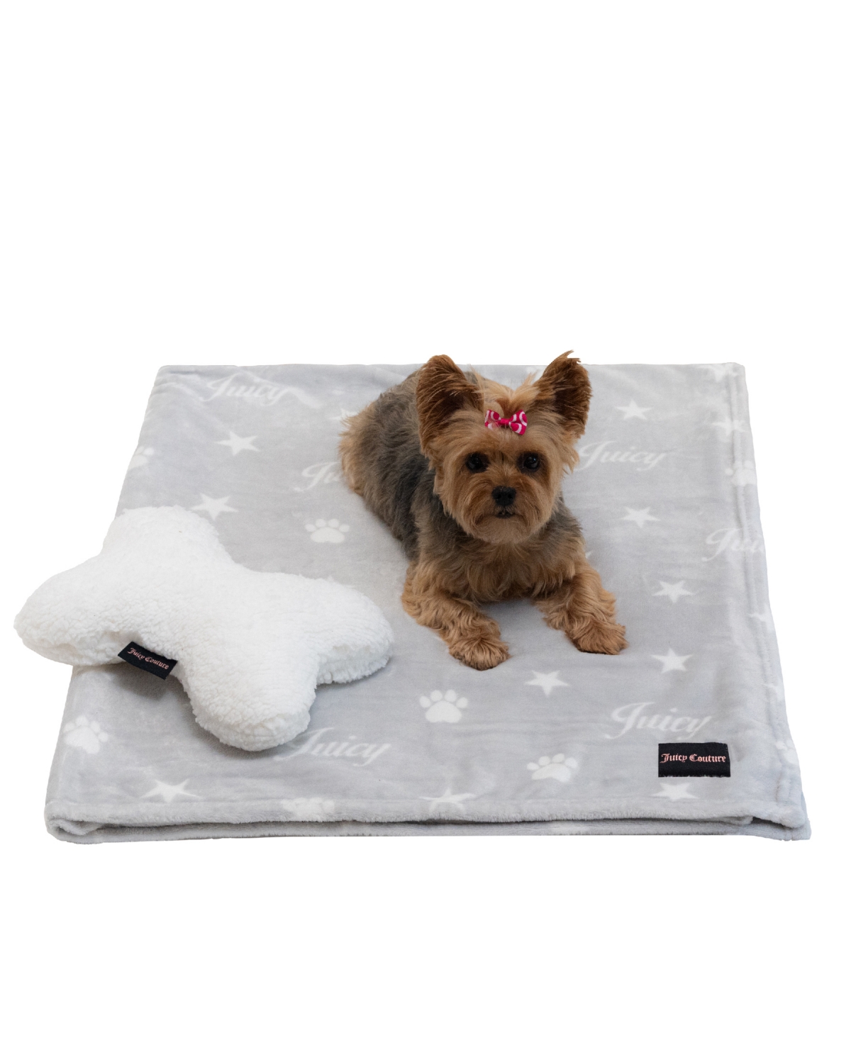 2-Piece Set Pet Throw Blanket Bone Pillow, Juicy Paws And Stars - Pink, White