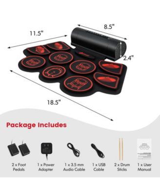 9 Pads Electronic Drum Set with Sticks & Pedals, Portable Roll-up Digital Drum Kit