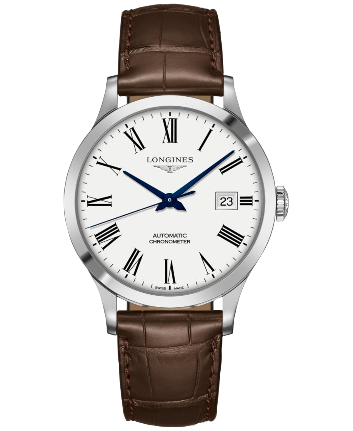 Longines Men's Swiss Automatic Record Chronometer Brown Leather Strap Watch 40mm In Silver