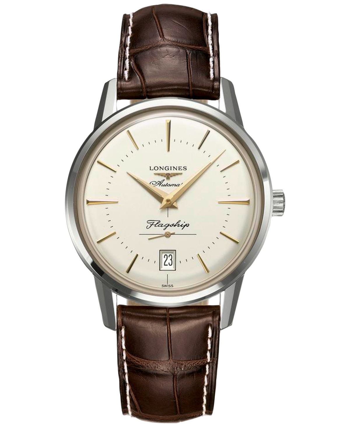 Longines Unisex Swiss Automatic Flagship Heritage Brown Leather Strap Watch 39mm In Silver