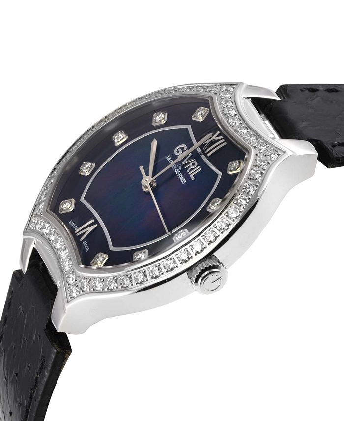 Gevril Women's Lugano Swiss Quartz Black Leather Watch 35mm - Macy's