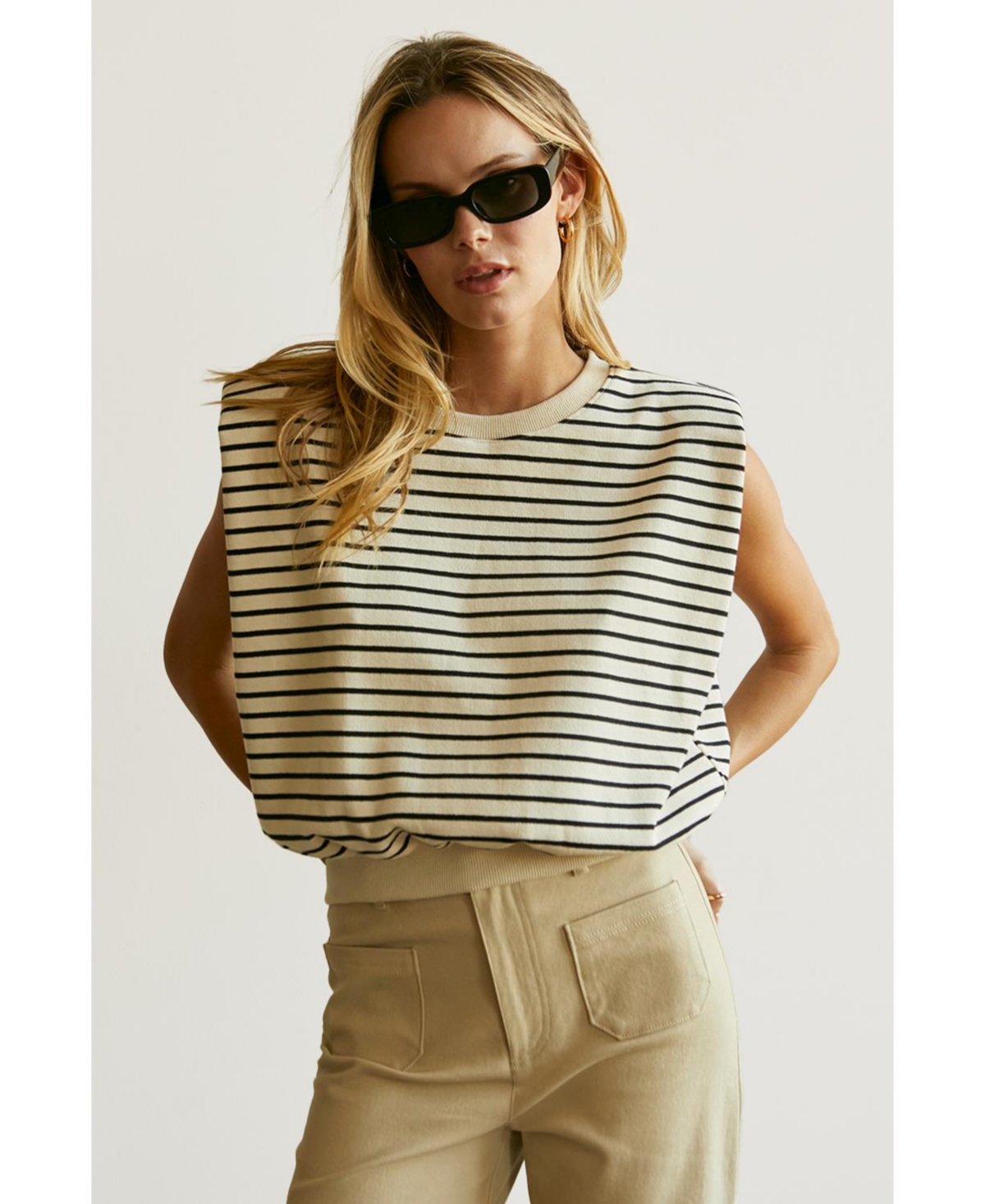 Women's Olivia Stripe French Terry Power Shoulder Top - Natural + oatmeal