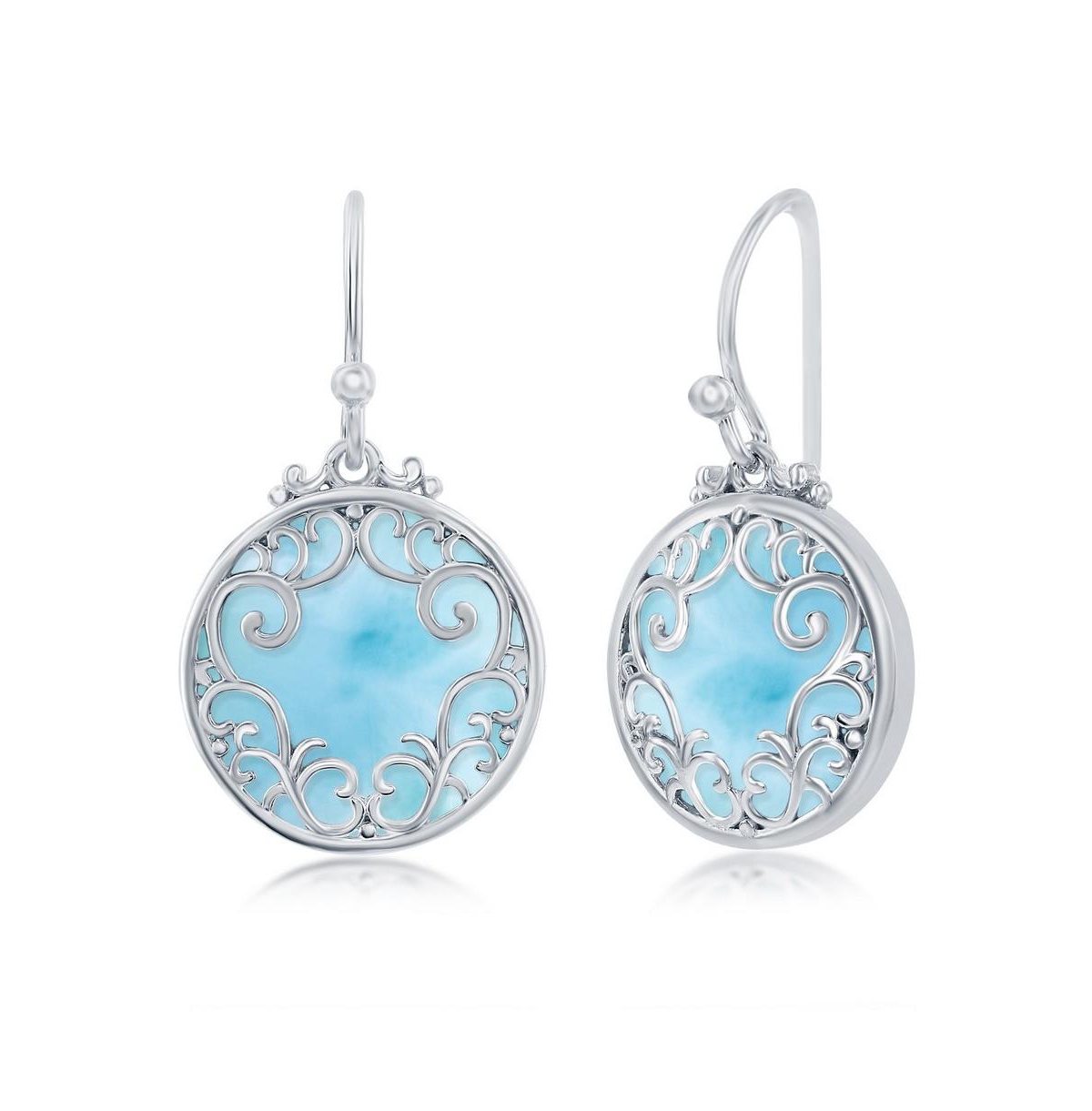 Sterling Silver Round Larimar Filigree Designed Earrings - Blue