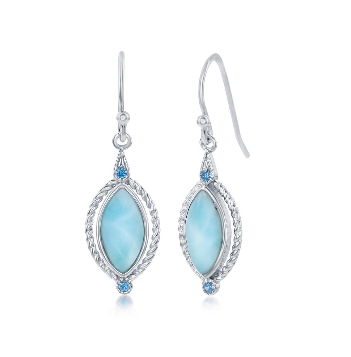 Sterling Silver Marquise Larimar with Round Blue Cz Rope Design Earrings - Blue