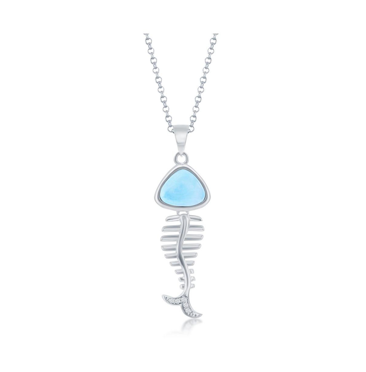 Sterling Silver Larimar and Cz Fish Skeleton Necklace - Blue