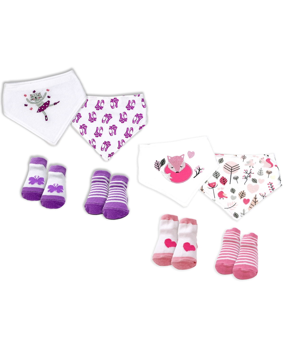 Baby Mode Baby Girls Closure Bibs And Socks, 8 Piece Set In Pink Foxes