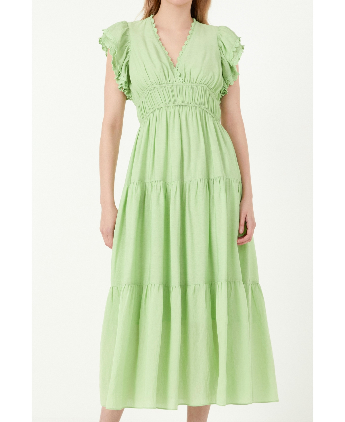 Women's Lace Trim Detail Tiered Midi Dress - Green