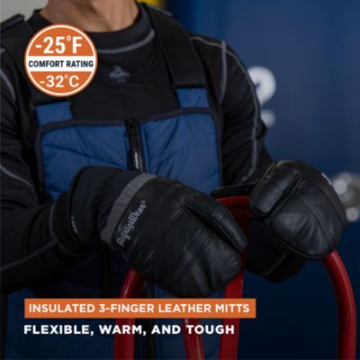 Men's 3-Finger Winter Black Leather Mittens