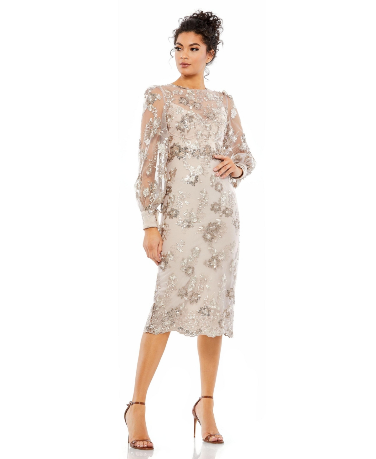 Mac Duggal Embellished High Neck Illusion Long Sleeve Midi Dress In Mocha In Mocha