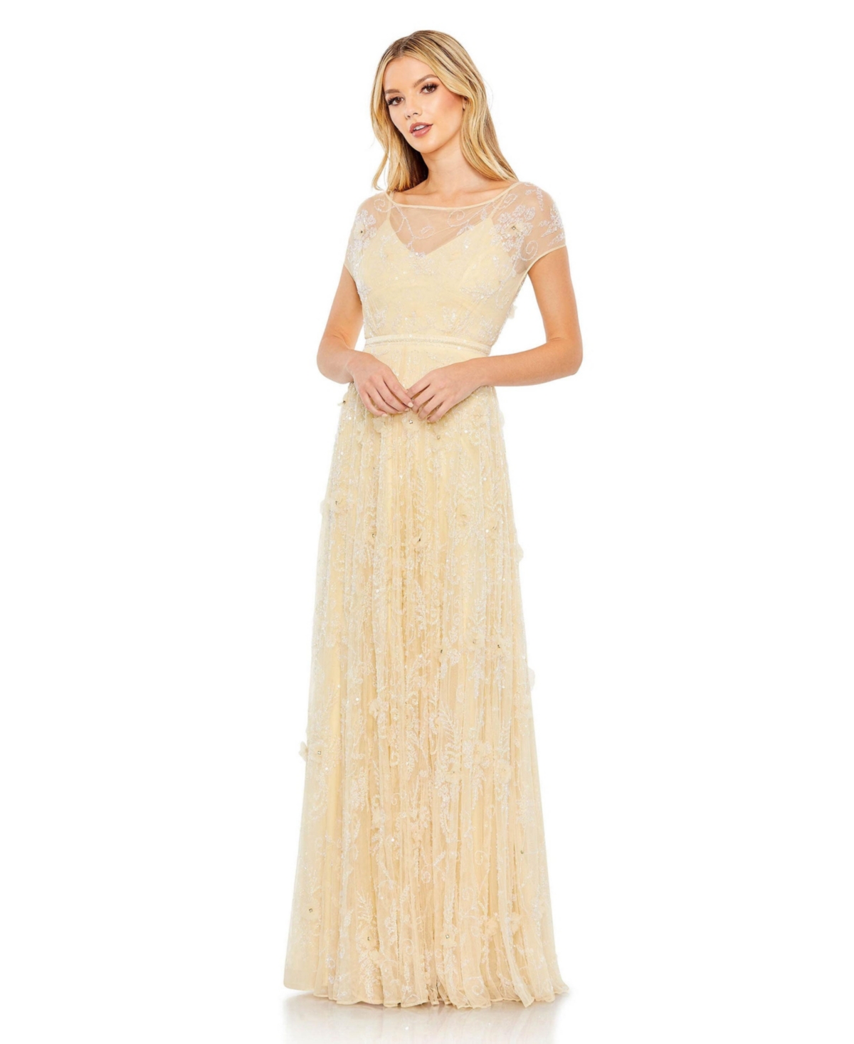Women's Embellished Illusion Cap Sleeve Gown - Buttercup
